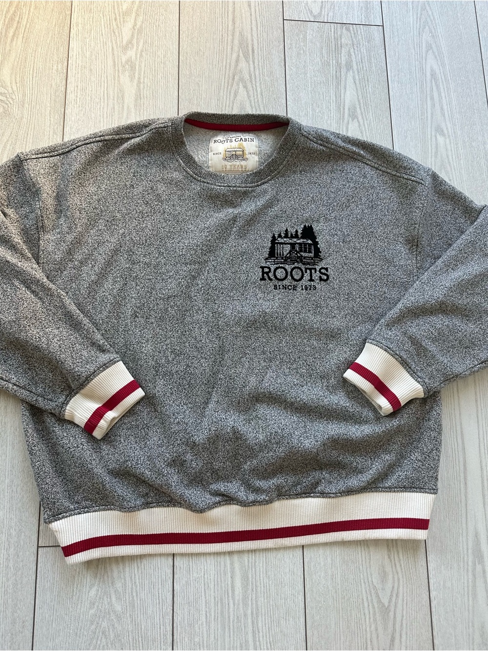 Roots Men's Grey Crewneck Sweater with Burgundy Accents